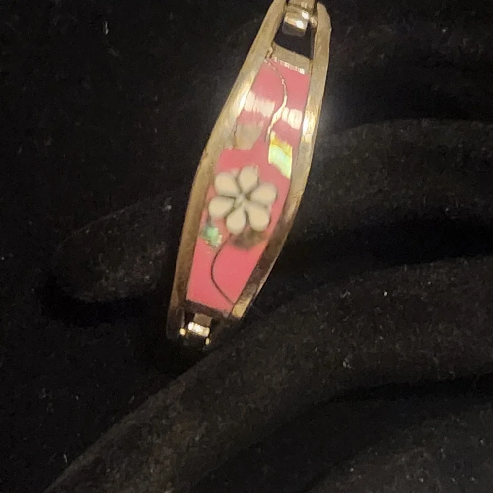 Vintage Alpaca Mexico Pink Enamel Abalone Flower‎ Hinged Bangle Bracelet kids